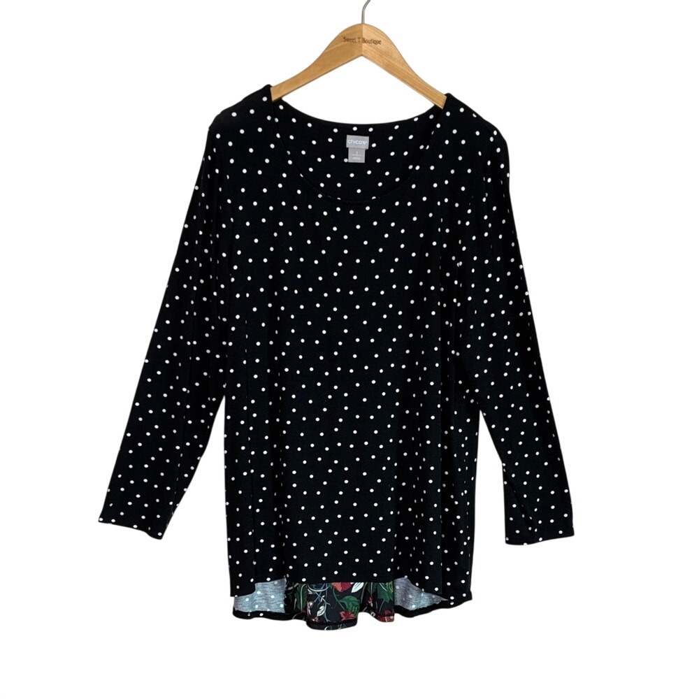 CHICO'S Size‎ 3 US XL Black Polka Dot Knit Boho Long Sleeve Tunic Top Office